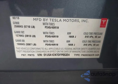 2013 Tesla Model S from USA, damaged, VIN 5YJSA1CN7DFP05324